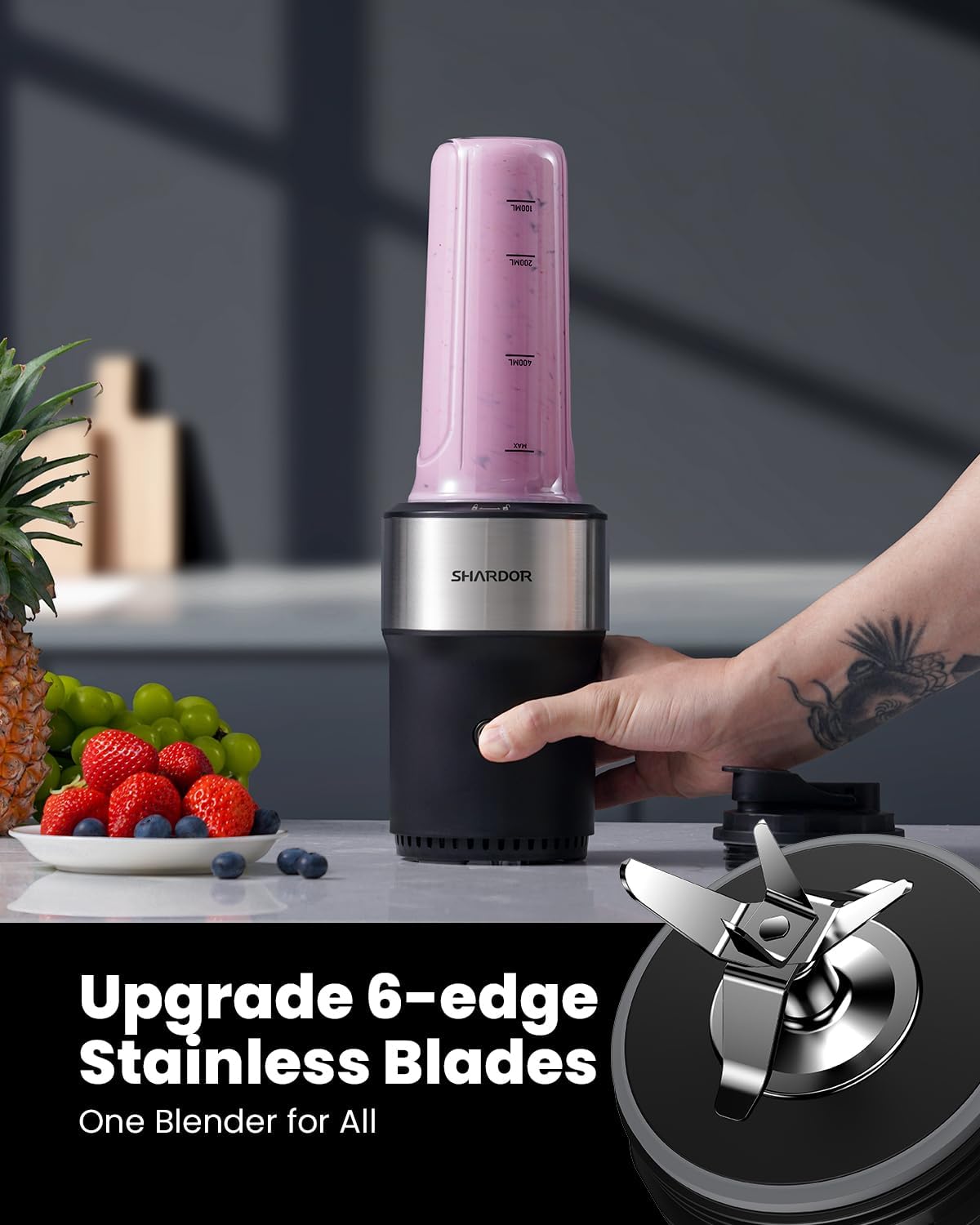 SHARDOR Smoothie Maker, 900 W, Standmixer mit 2 x 650 ml Flaschen, Mixer mit 6 Klingen aus Edelstahl, BPA-frei, Smoothies, Shakes und Säfte mit Rezepten – Bild 3