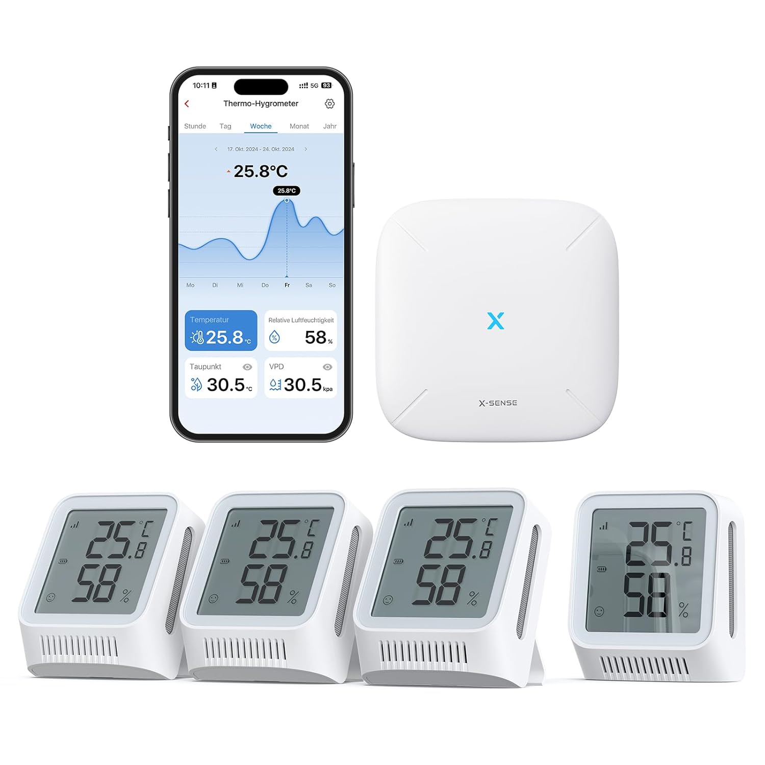 X-Sense WLAN Hygrometer Innenthermometer mit LCD-Display, Temperatur- und Luftfeuchtigkeitsüberwachung per App, Smiley-Anzeige, kompatibel mit Alexa, 4 Sensoren und Basisstation SBS50, STH0A41