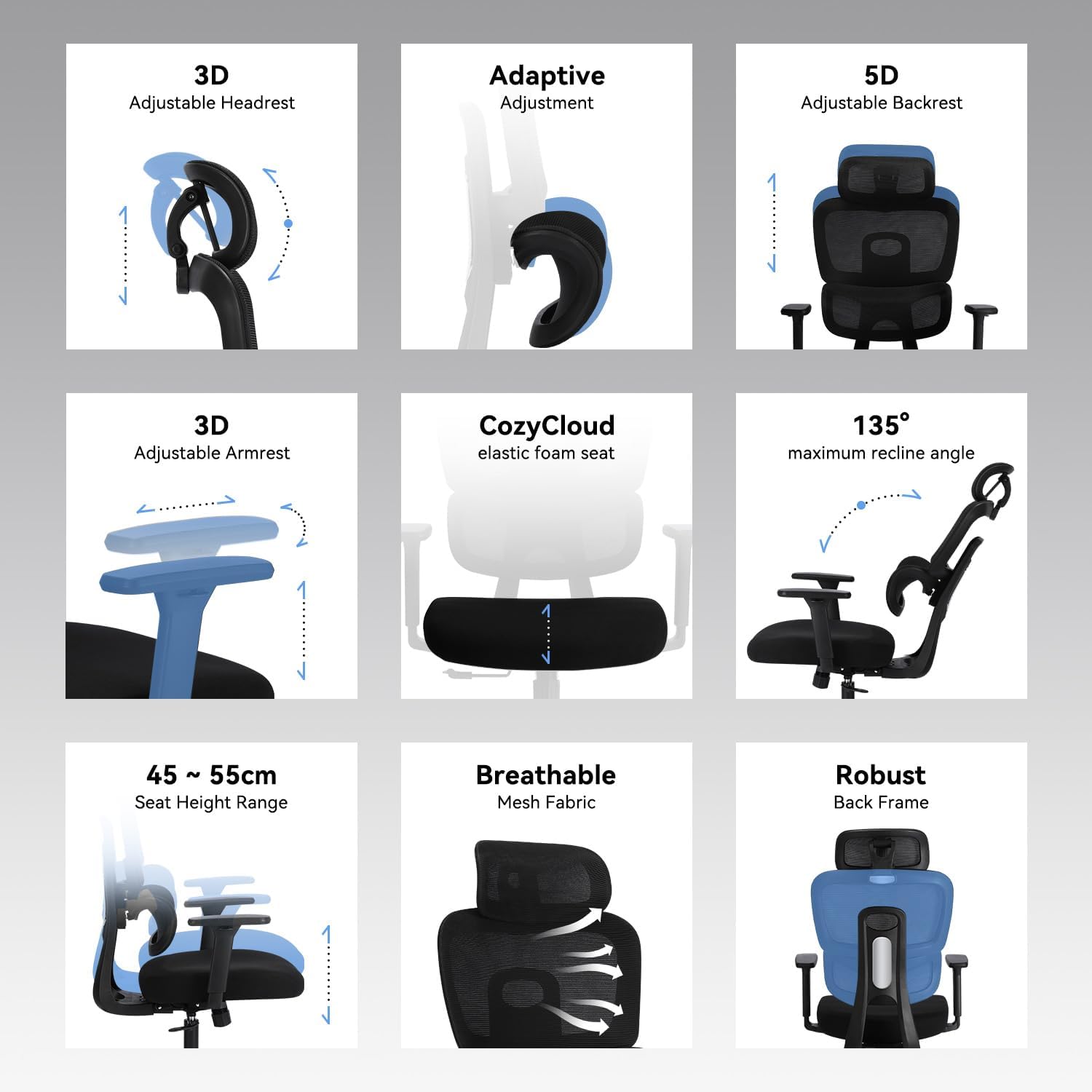 MUSSO E600AIR Ergonomischer Bürostuhl, Heimbürostuhl mit hoher Rückenlehne und adaptiver Lendenwirbelstütze, 5D-verstellbare Rückenlehne, 135°-Neigung, 3D-Kopfstütze und Armlehnen, Netz-Computerstuhl – Bild 4