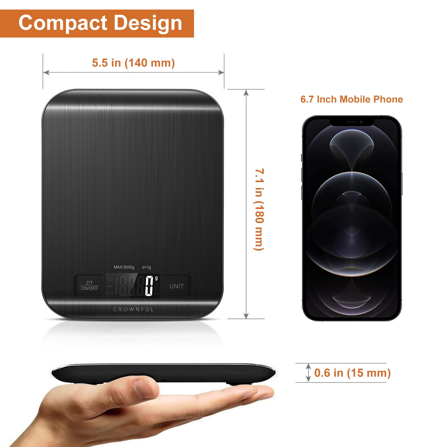 CROWNFUL Digitale Küchenwaage, 5 kg Digitale Küchenwaage mit LCD-Display, Gewicht Unzen und Gramm zum Kochen und Backen, 6 Einheiten mit Tara-Funktion, 304 Edelstahl (Schwarz) – Bild 6