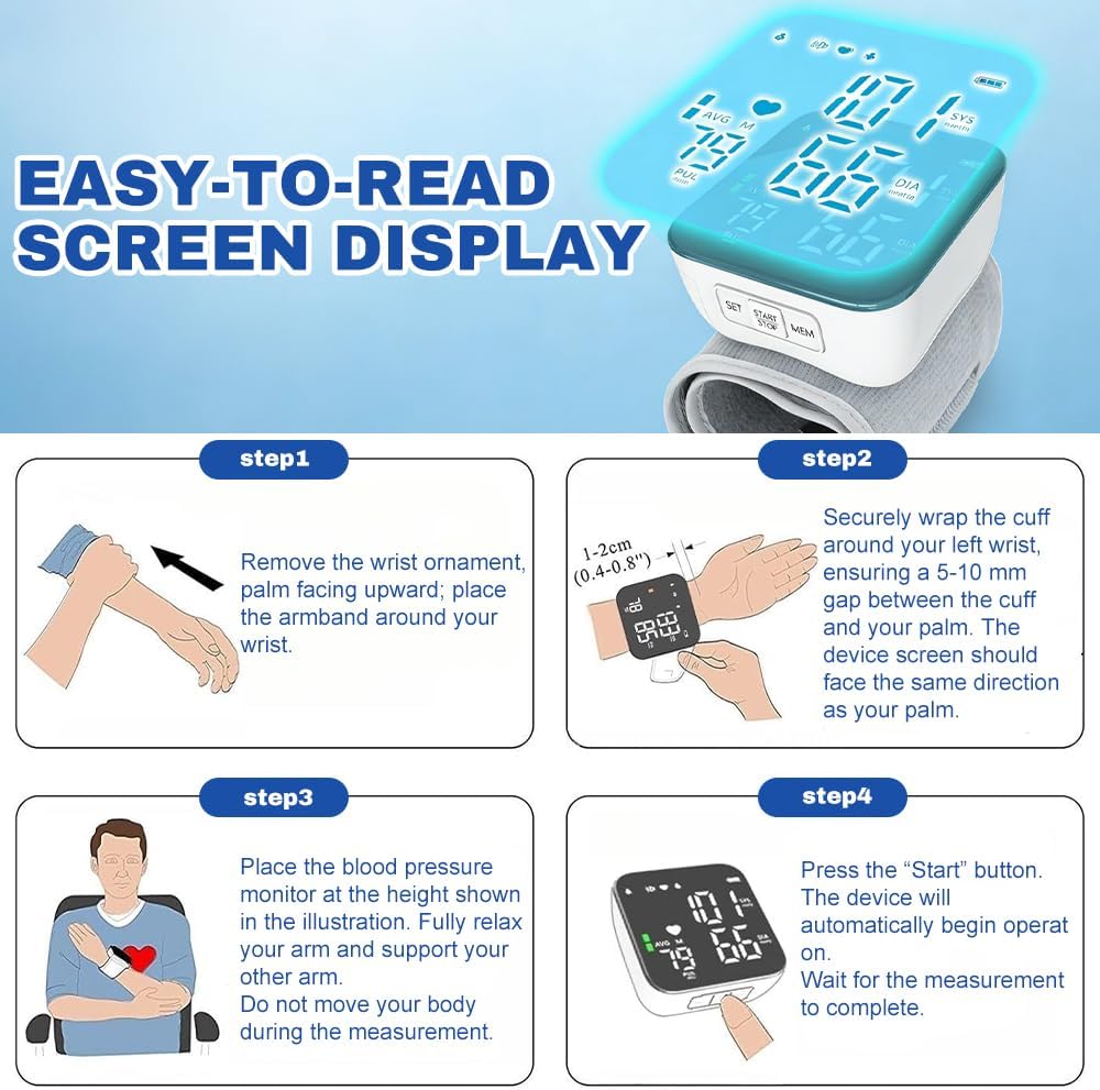 Handgelenk-Blutdruckmessgerät mit LED-Touchscreen, automatisches Blutdruckmessgerät mit 99 x 2 Lesespeicher, automatische Sprachausgabe, wiederaufladbar – Bild 5