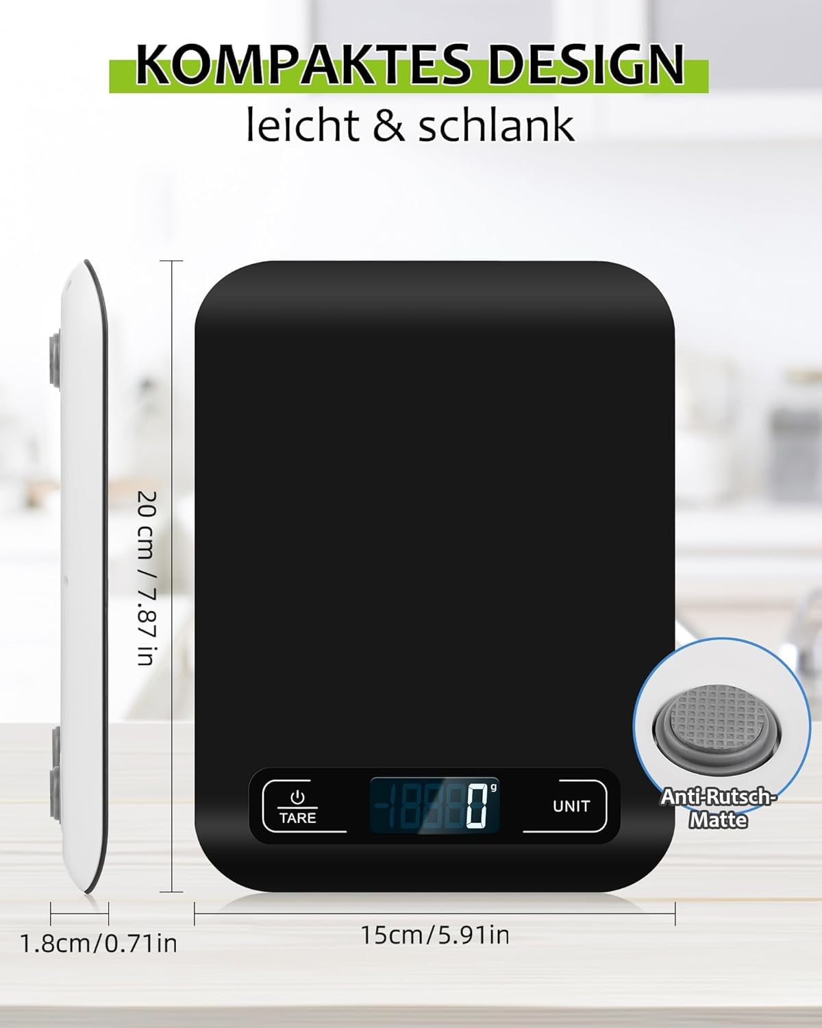 Küchenwaage Digital mit LCD-Display und Tara-Funktion, Präzise 1g Messung zum Backen und Kochen, Schwarz – Bild 7