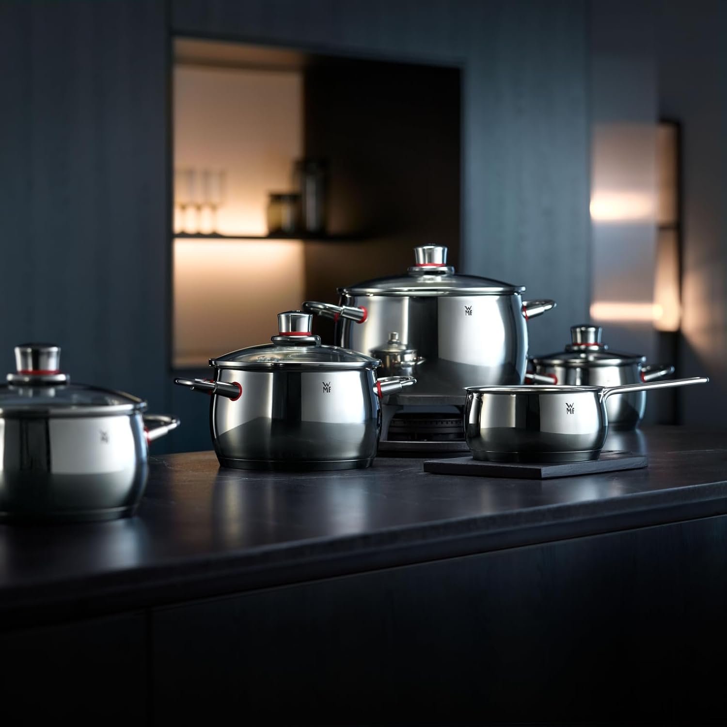 WMF Topfset 5-teilig, Qualität, ein Dampfabzug, Glasdeckel, Cromargan® Edelstahl poliert, für Induktionsherde geeignet, spülmaschinenfest – Bild 2