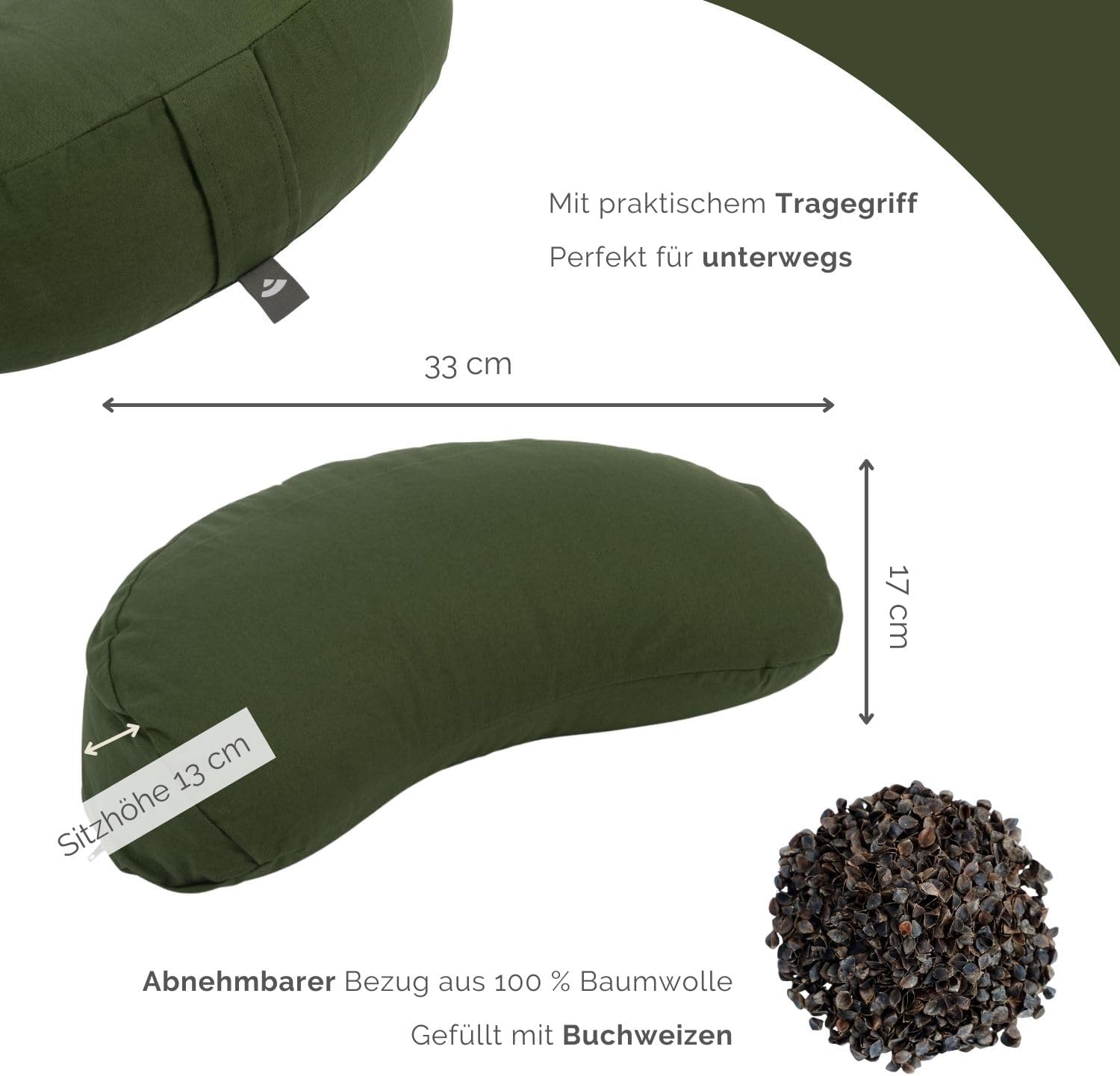 Bodhi Meditationskissen Halbmond Mini | Yogi Moon Eco | Bezug aus 100 % Bio-Baumwolle | Yogakissen halbmondförmig mit Buchweizenfüllung | Halbmondkissen für Yoga & Meditation | Waldgrün – Bild 3