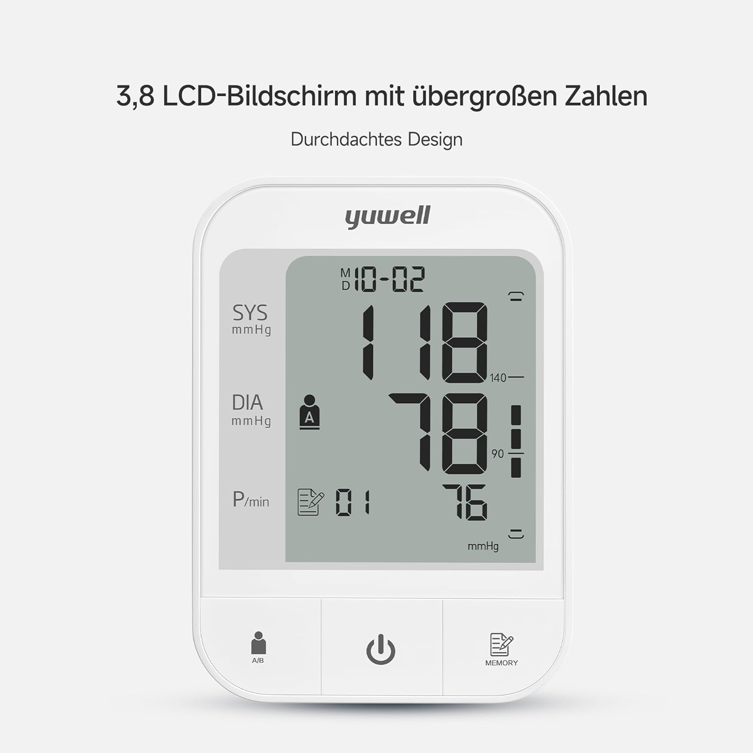yuwell Oberarm-Blutdruckmessgerät für genaue Blutdruck- und Pulsmessung, 2 Benutzer, 74 x 2 Speicherplätze, große Manschette für 22–45 cm Oberarm, 3,8 Zoll großes Display, Duale Stromversorgung (YE670A) – Bild 6