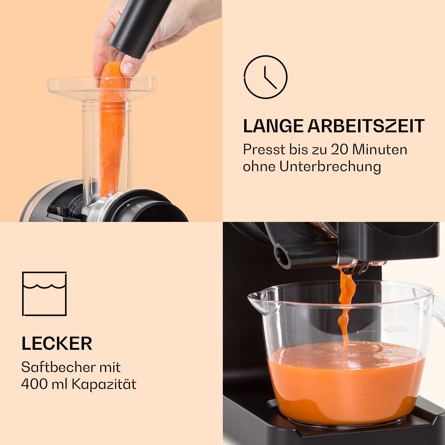 Klarstein Bella Elegance Entsafter 200 W, Entsafter mit 400 ml, BPA-frei, rutschfester Boden, max. Kontinuierliche Betriebszeit: ca. 20 Minuten, einfache Reinigung, Schwarz – Bild 4