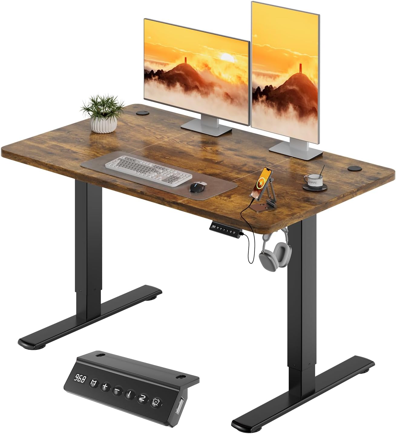 JUMMICO Höhenverstellbarer elektrischer Schreibtisch 120 x 60 cm mit USB-Ladeanschluss, höhenverstellbar, ergonomischer Stehsitztisch, braun
