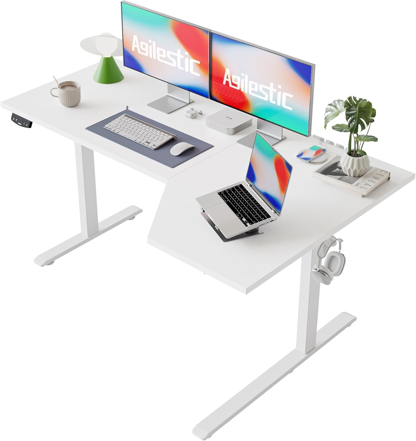 Agilestic Elektrischer Stehschreibtisch, L-förmiger 150 cm höhenverstellbarer Schreibtisch, Sitz- und Stehtisch für das Heimbüro, ergonomischer anhebbarer Computertisch mit Spleißbrett, Weiß