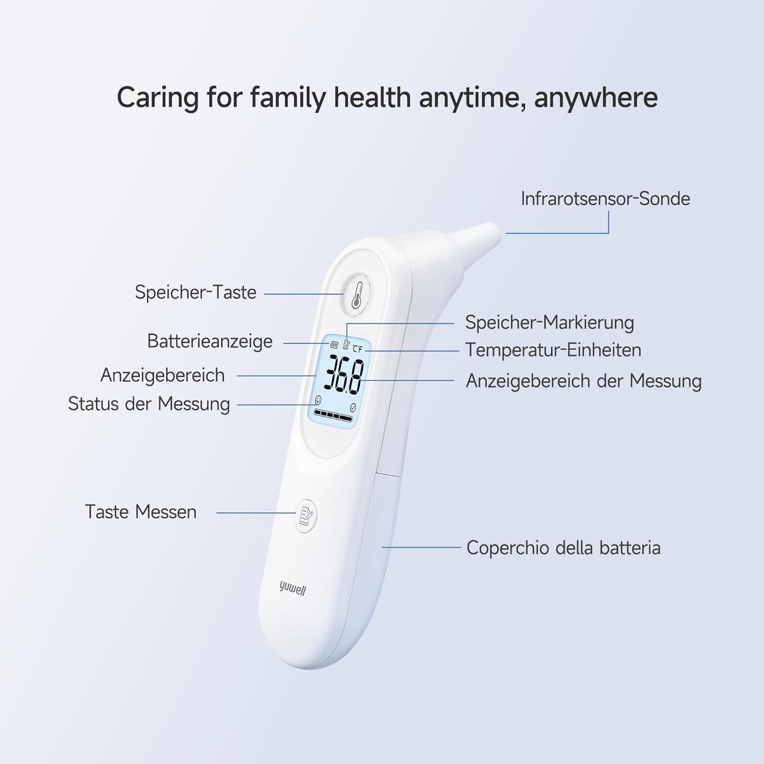 yuwell Fieberthermometer für Kinder und Erwachsene, medizinisches Ohrthermometer, baby- und kinderfreundlich, Messung in Sekunden, Warnung vor hohen Temperaturen, großes Display, 7 Messwertspeicher – Bild 5