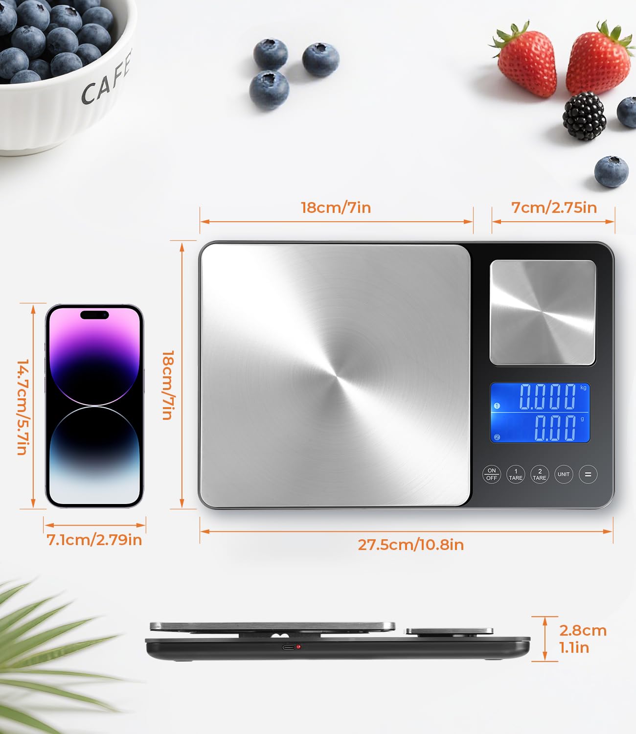 Doppelplattform-Digitalwaage (10 kg/1 g & 500 g/0,01 g), USB-Aufladung und Batteriebetrieb, Edelstahl, Tara-Funktion, LCD-Display, 7 Gewichtseinheiten, ideal zum Backen und Kochen – Bild 6
