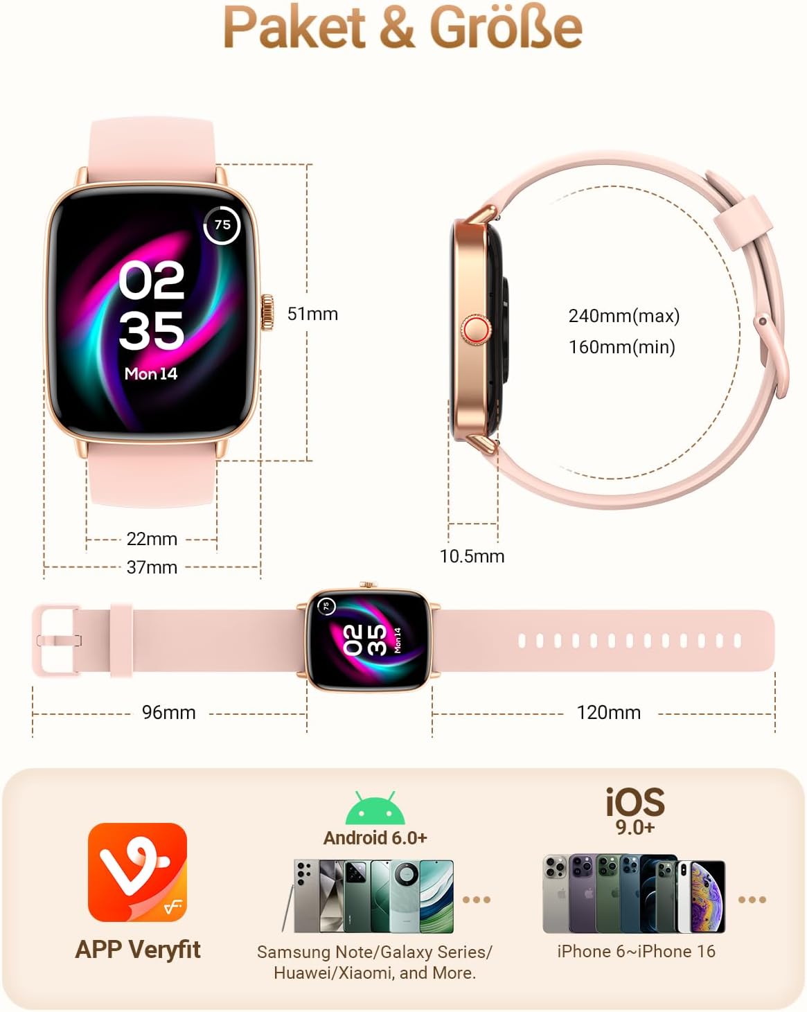 Fitpolo Damen Smartwatch mit Telefonfunktion, 1,85 Zoll Smartwatch, Fitnessuhr mit Herzfrequenz-SpO2-Schlafmonitor, Schrittzähler, 100+ Sportmodi, Sportuhr, IP68 wasserdichte Uhren für iOS – Bild 9