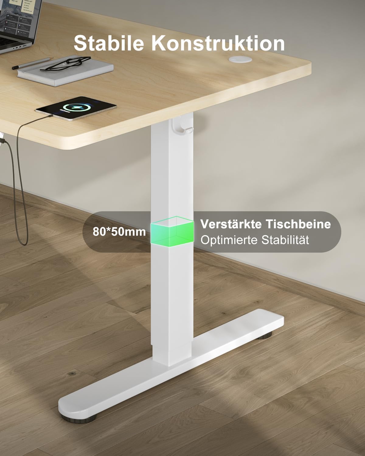 Devoko Höhenverstellbarer Schreibtisch 120 x 80 cm mit Typ-C-Ladeanschluss, mobiler elektrischer Computertisch mit Kabelmanagementablage und 3-Funktions-Speicher, Eiche – Bild 7