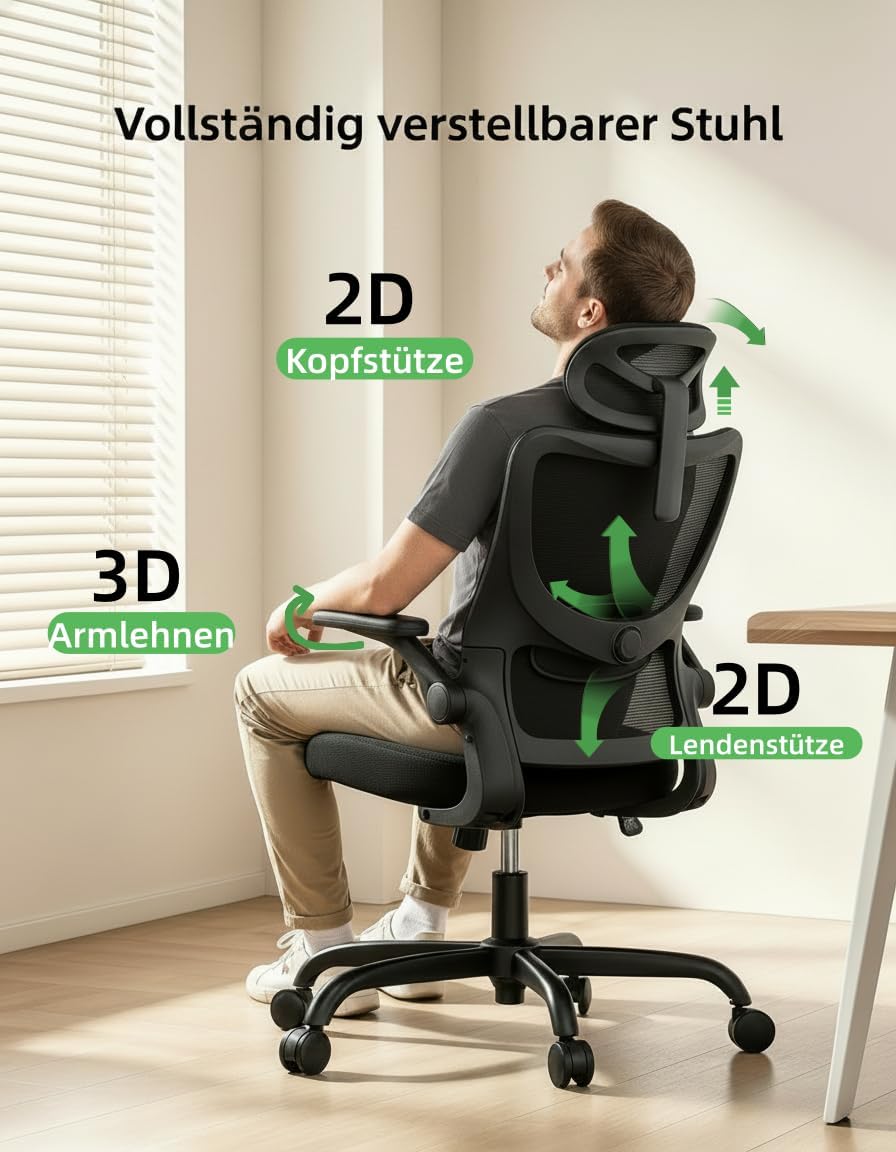 Marsail Ergonomischer Bürostuhl mit verstellbarer Lordosenstütze, Kopfstütze und Armlehne, Höhenverstellung und Wippfunktion, Schwarz – Bild 3