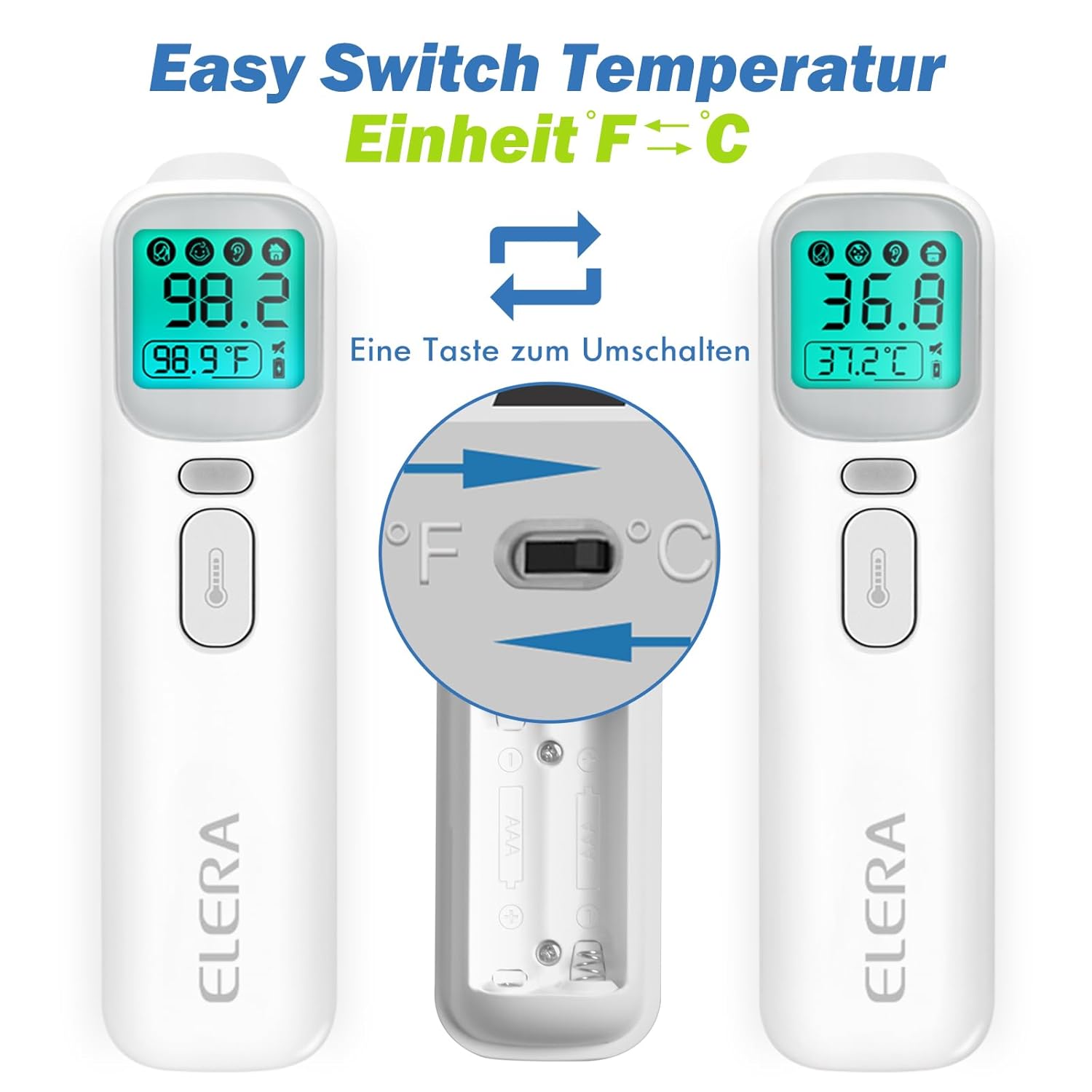 ELERA Fieberthermometer Ohr, Fieberthermometer berührungslos mit vier Messmodi und vierfarbiger Temperaturanzeige, Stirnthermometer Baby mit 1 Sekunde Messzeit und 40 Speicherfunktionen – Bild 7