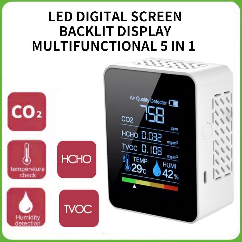 CO2-Messgerät, 5-in-1-Luftqualitätsmessgerät, Innen-Co2-Detektor, Formaldehyd-Messgerät, Thermometer, Hygrometer mit Alarm, Luftqualitätsmonitor, TVOC/HCHO/CO2-Monitor für Zuhause, Büro, Auto – Bild 5