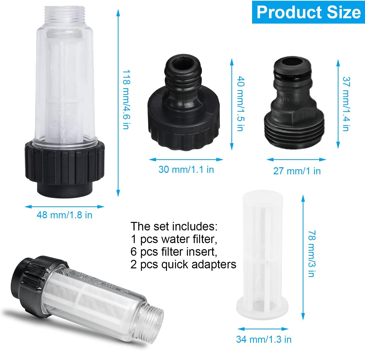 Wasserfilter-Set, 3/4 Zoll Wasservorfilter mit 6 Stück Filtereinsatz & 2 Schnelladaptern, für Hochdruckreiniger, Gartenbewässerung, Gartenpumpe, Wohnmobil, Haushalt (Schwarz) – Bild 2