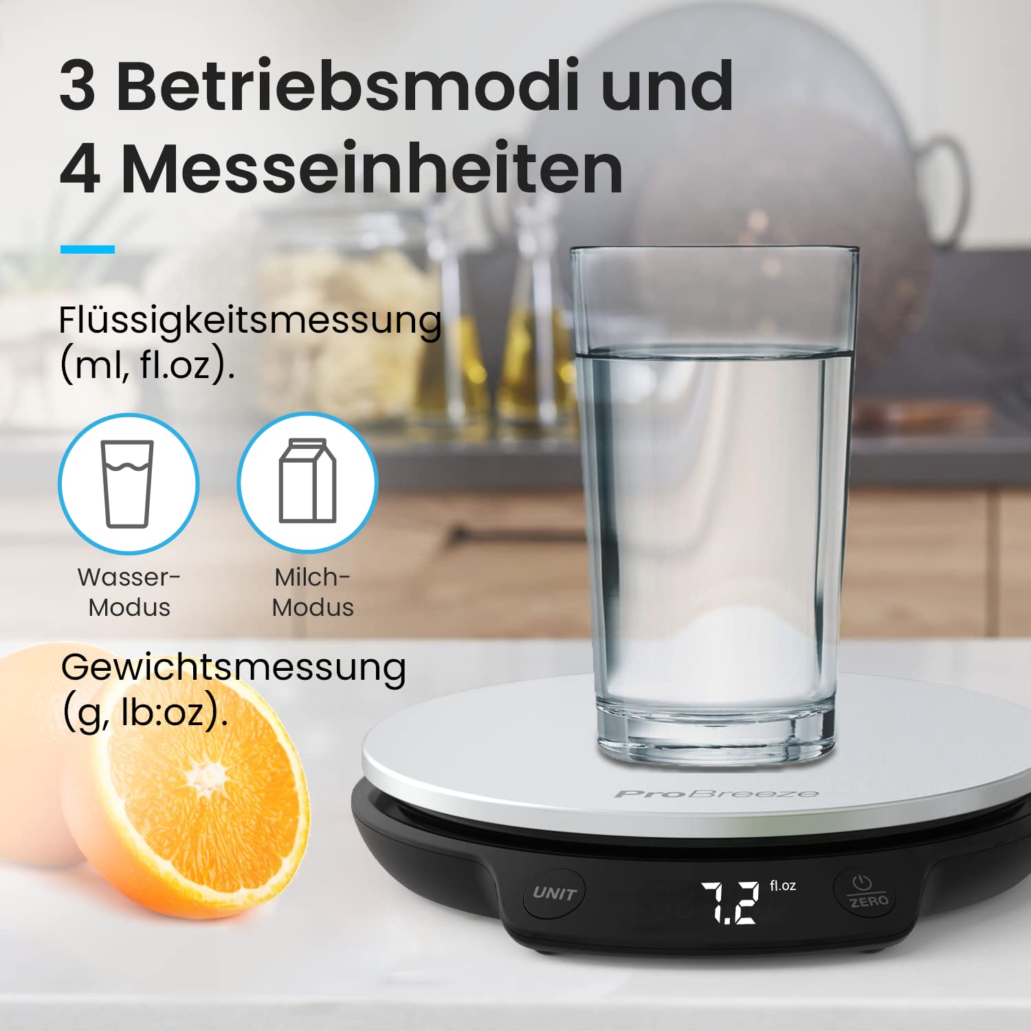 Pro Breeze Digitale Küchenwaage bis 5 kg – Professionelle Digitalwaage für präzise Messgenauigkeit bis 1 g, inklusive Flüssigkeitsmessung, mit großem LCD-Display und Tara-Funktion – Silber/Edelstahl – Bild 4