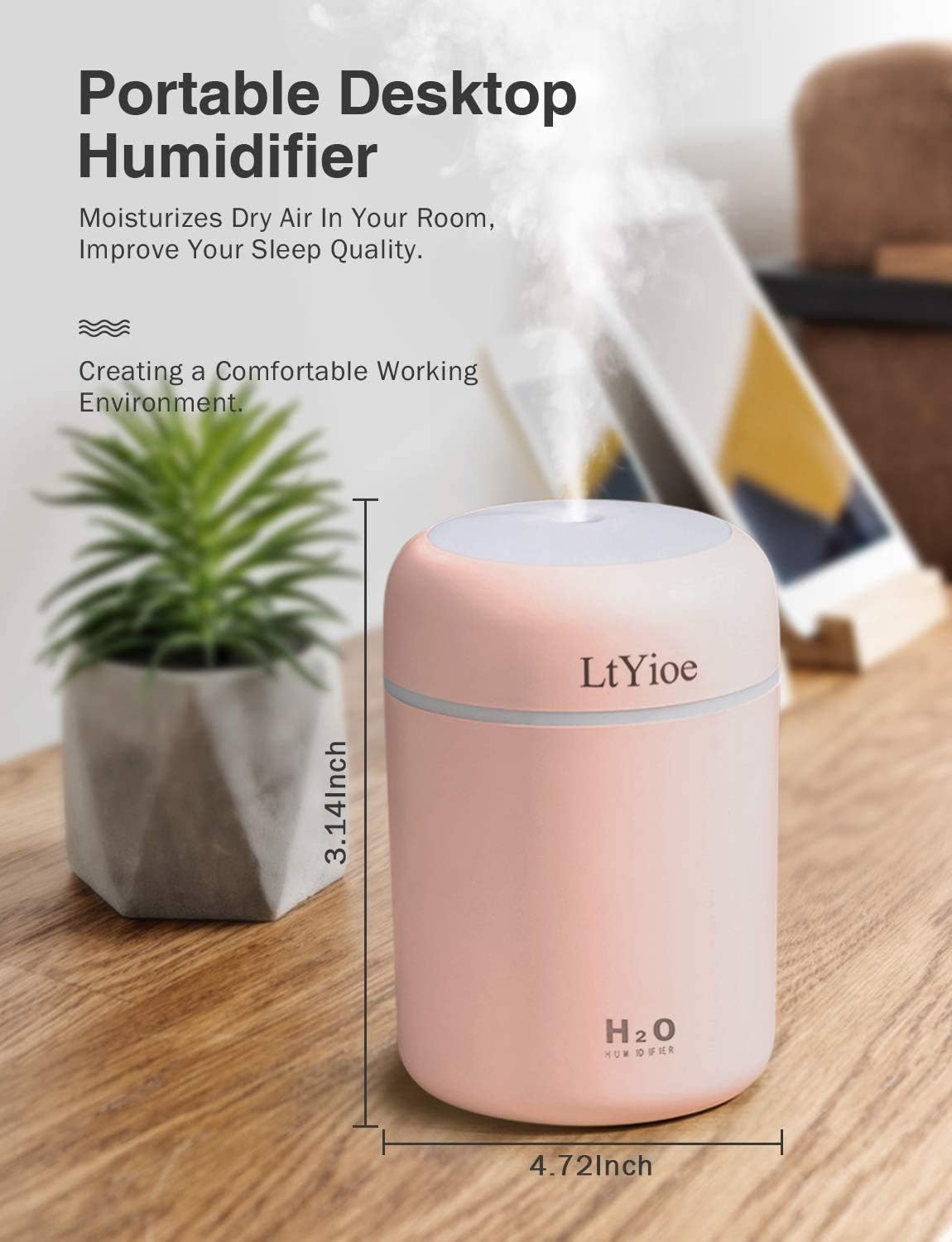 LtYioe Luftbefeuchter, persönlicher Desktop-Mini-Luftbefeuchter mit bunter, kühler Nachtlichtfunktion, automatischer Abschaltung und superleise für Auto, Büro, Schlafzimmer (Pink) – Bild 2