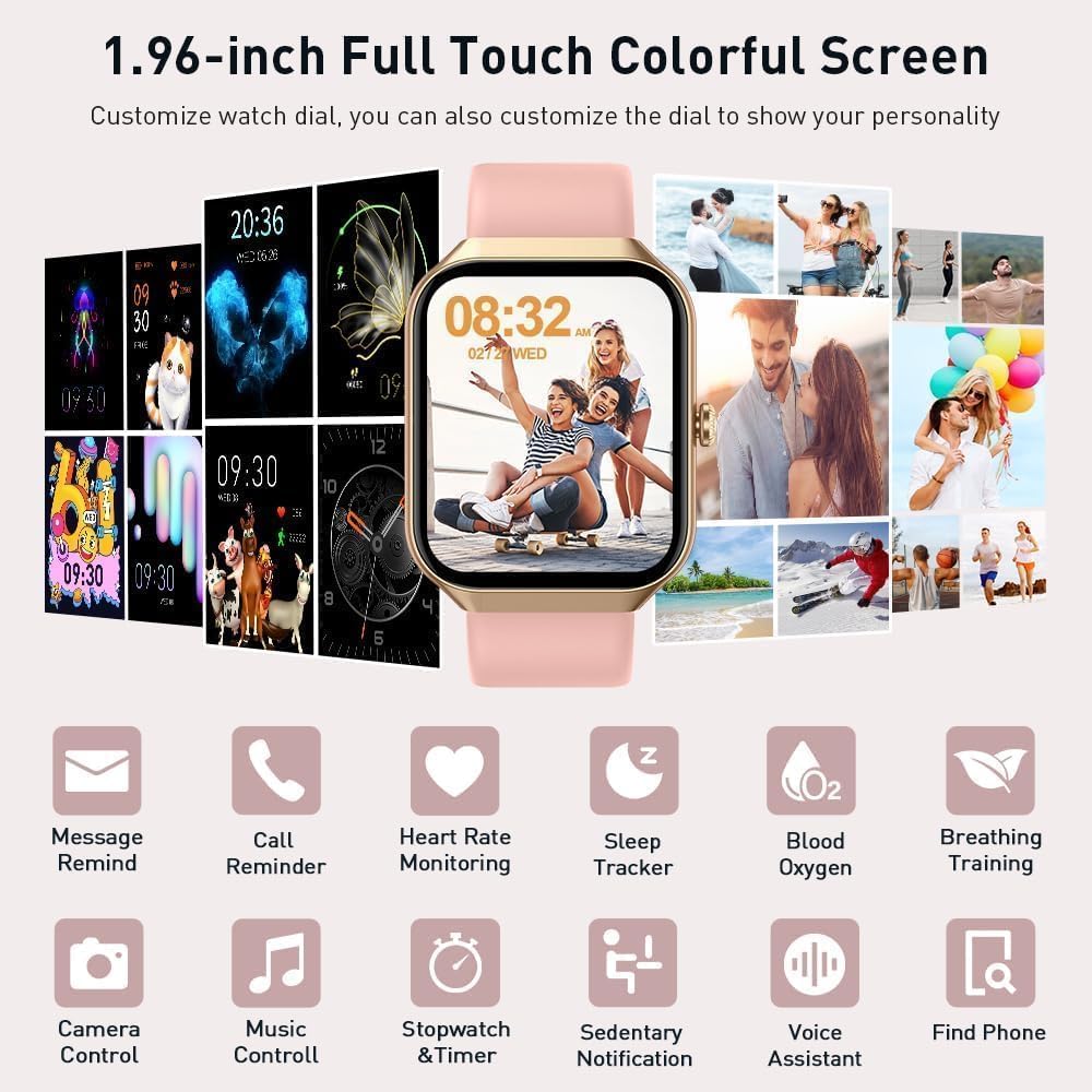 Smartwatch Damen Herren 1,96 Zoll HD 2026 Fitnessuhr Smartwatch mit Telefonfunktion, 115+ Sportmodi Schrittzähleruhr, Herzfrequenz-SpO2-Schlafmonitor, IP68 wasserdichte Sportuhr für Android iOS – Bild 2