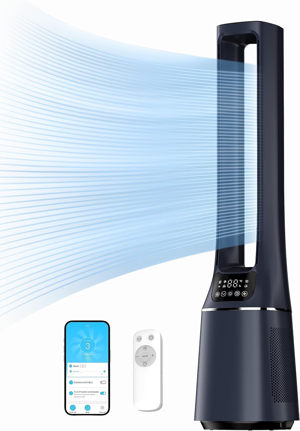Midea MFP-120i (BL) 2-in-1-Turmventilator, leiser 27-dB-Luftreiniger, H13, echter HEPA auf 47,6 ㎡, LED-Display, Fernbedienung, Oszillation, 12-Stunden-Timer, kompatibel mit kabelloser Verbindung, App Alexa und Google
