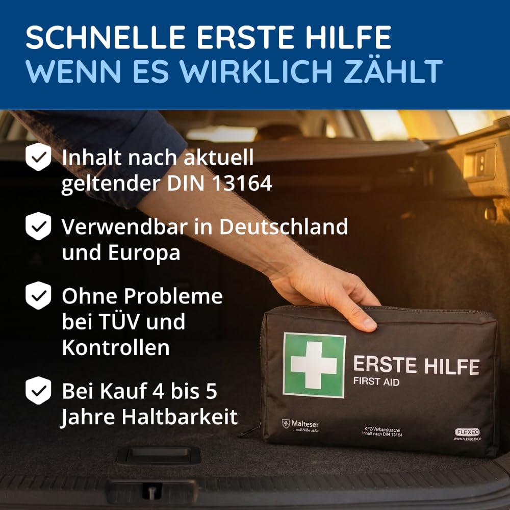 KFZ-Verbandstasche nach aktueller DIN 13164:2022, gültig für 2023 nach StVO, Verbandskasten/Verbandskasten/Verbandkasten Auto/Motorrad, schwarz – Bild 2
