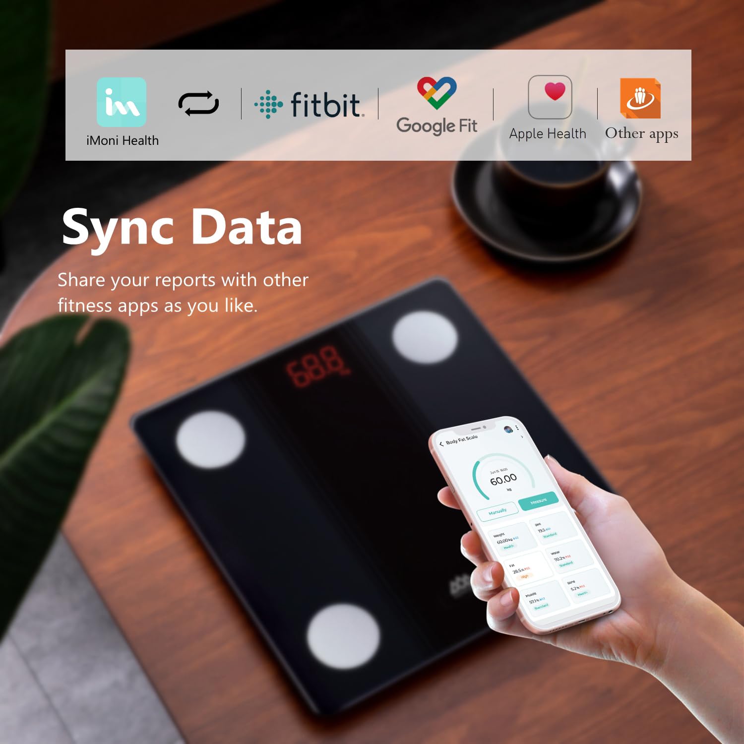 Körperfettwaage Digitale Personenwaage mit App, Smartwaage Bluetooth Körperanalysewaage mit Körperzusammensetzungsfunktion, 150 kg/330 LB, 26 x 26 cm, LED-Anzeige (Schwarz) – Bild 5