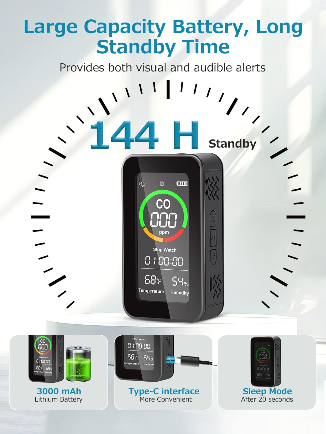 CF-9R Kohlenmonoxidmelder, CO-Detektor, Luftqualitätsmonitor mit akustischen und optischen Alarmen, Taschenlampe, Stoppuhr, Temperatur-Feuchtigkeitssensor für Zuhause, Reisen, Camping – Bild 5