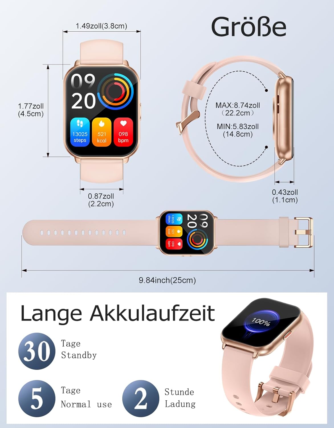RUIMEN Smartwatch mit Telefonfunktion, Smartwatch für Damen, 1,85 Zoll HD-Bildschirm, Fitnessuhr mit SpO2-Überwachung, Herzfrequenzmesser, Schlafmonitor, Schrittzähleruhr, 110+ Trainingsmodi für Android iOS (2 Bänder) – Bild 9