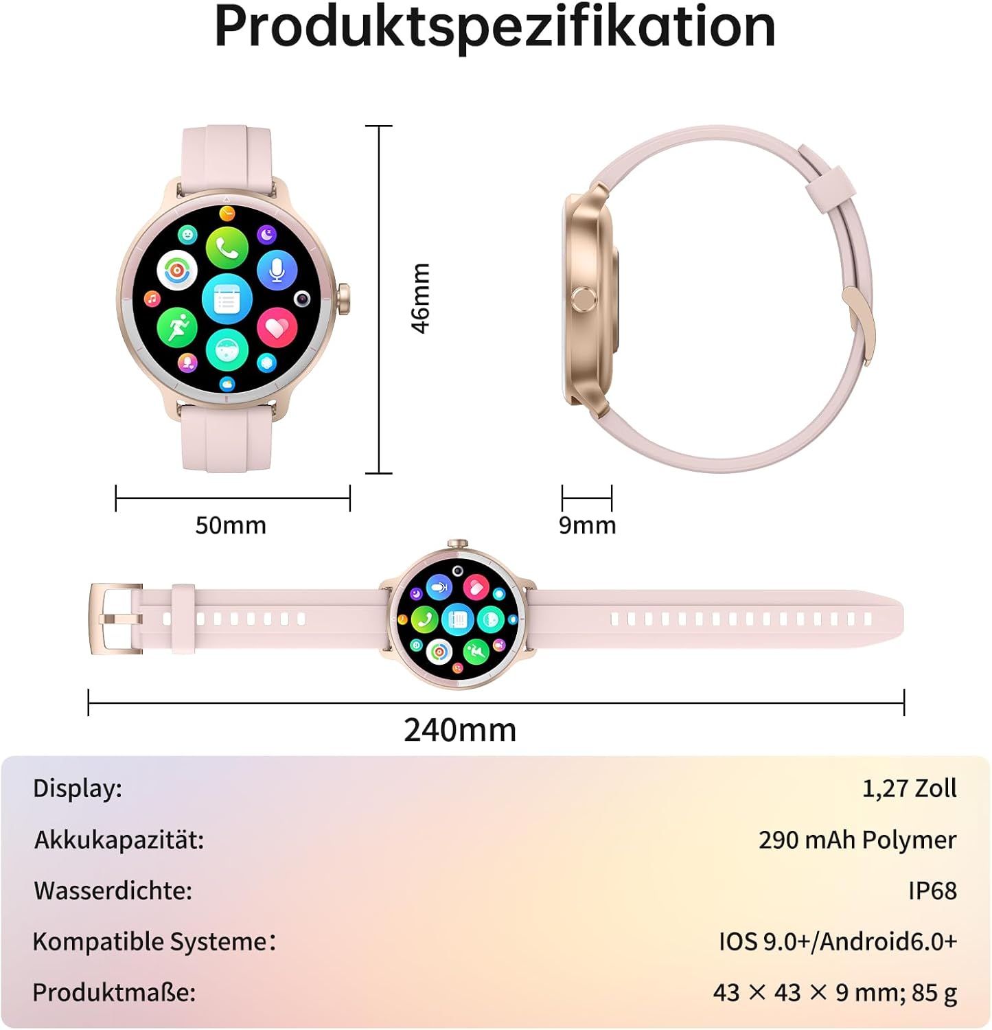 Smartwatch Damen Herren – 1,27 Zoll Smartwatch mit Bluetooth-Anrufen, WhatsApp/App-Benachrichtigungen, Herzfrequenz, Schlafüberwachung, 120+ Sportmodi, IP68 wasserdicht – Fitnessuhr kompatibel mit iOS Android – Bild 9