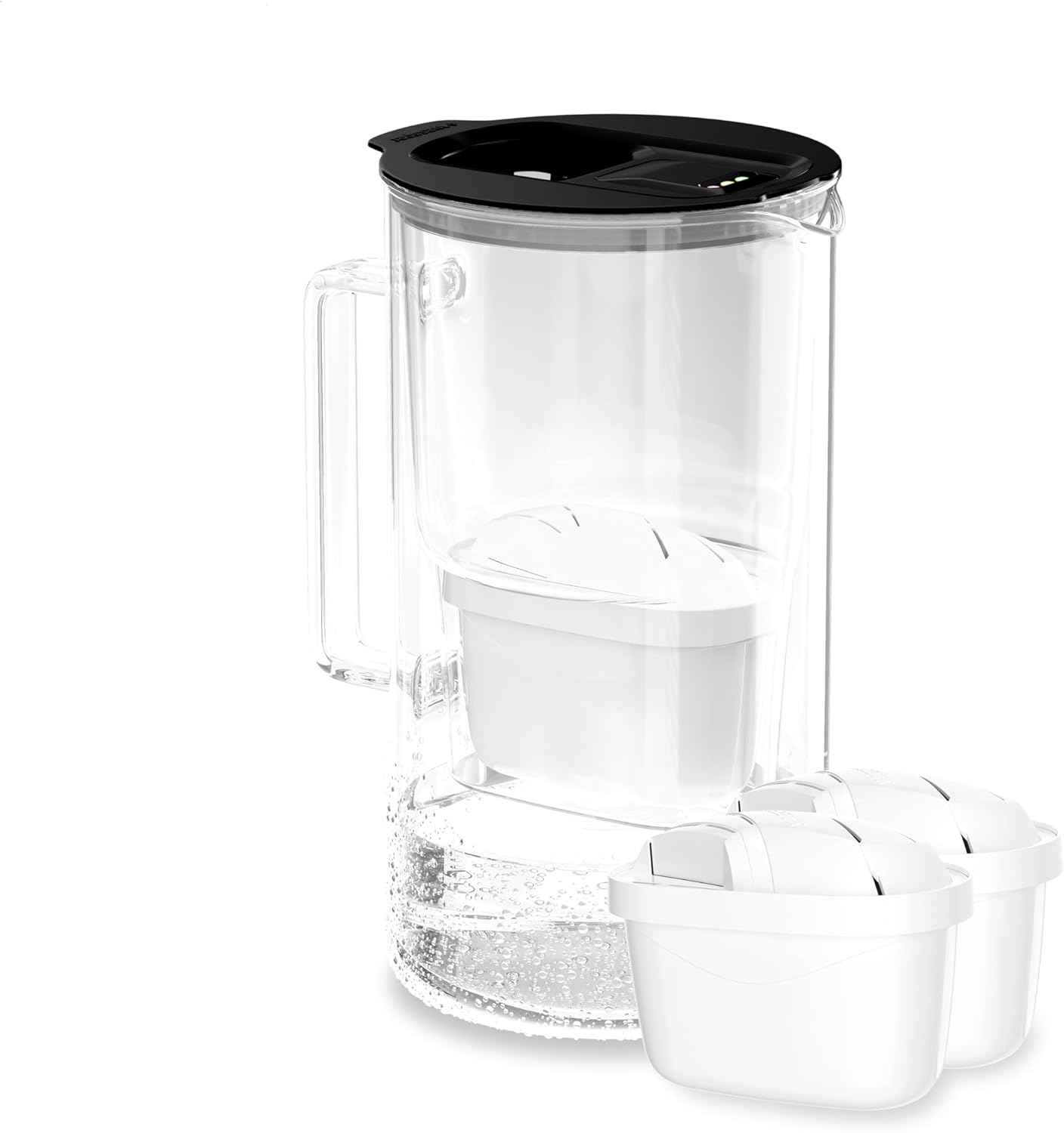 Wessper Wasserfilterkanne mit LED-Anzeige, 2 Liter, Glaskaraffe, kompakte Wasserkanne mit 2er-Kartuschen-Set, Aktivkohlefilter, BPA-frei, schwarz