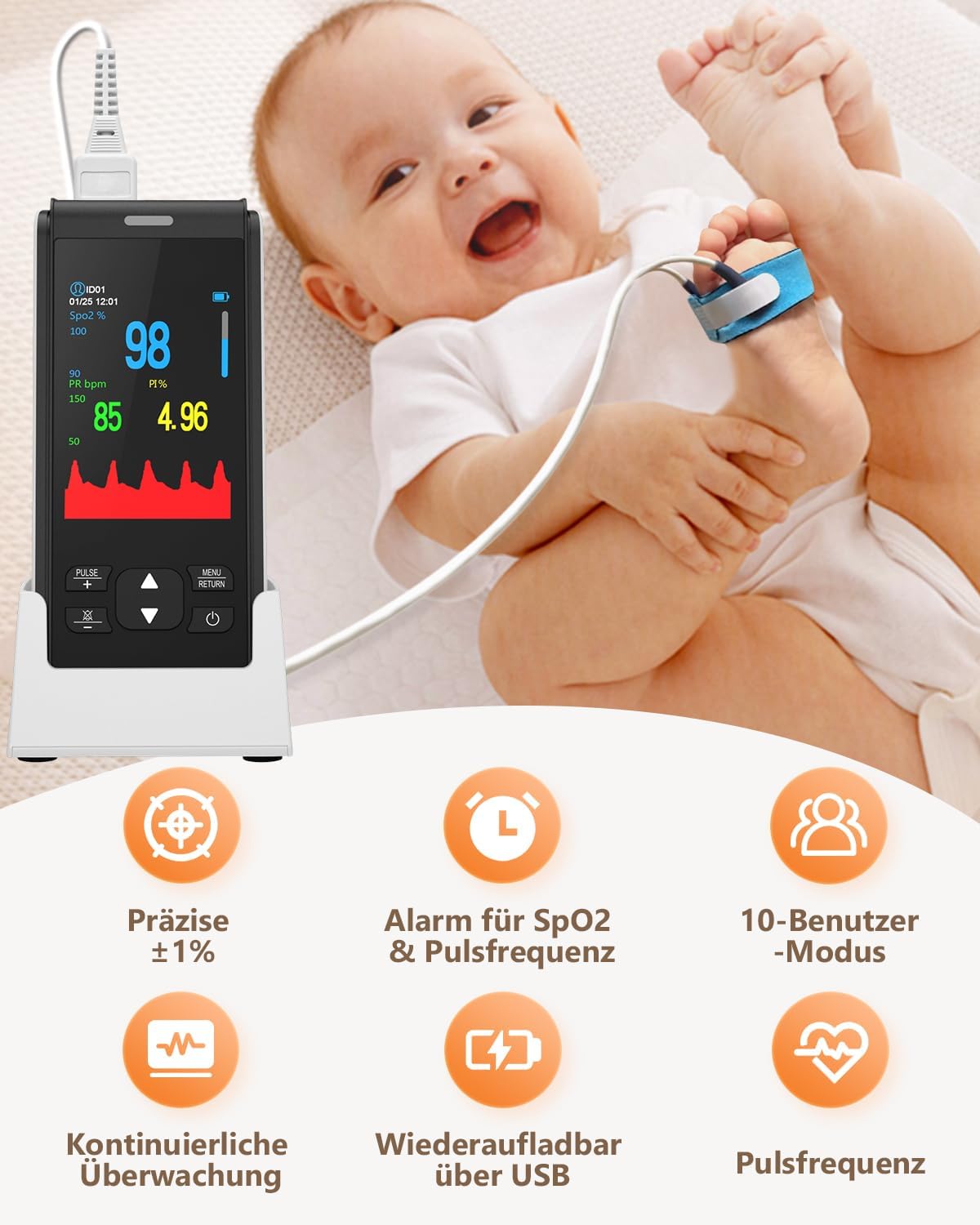 Tragbares HealthTree Pulsoximeter, wiederaufladbarer Sauerstoffmonitor, Sauerstoffsättigungsmonitor für Kinder, SpO2-Level-Überwachung, Herzfrequenz und Infusionsindex – Bild 6