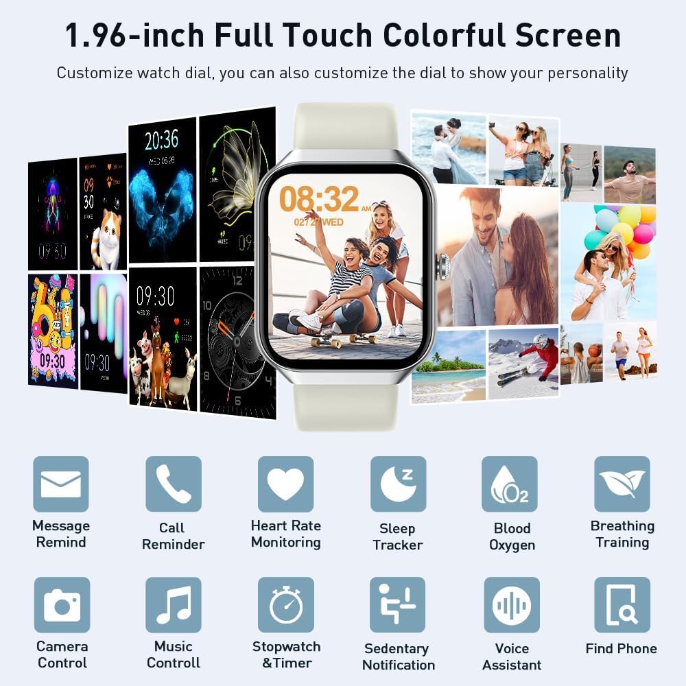 Smartwatch Herren Damen 1,96 Zoll HD 2026 Fitnessuhr Smartwatch mit Telefonfunktion, 115+ Sportmodi Schrittzähleruhr, Herzfrequenz-SpO2-Schlafmonitor, IP68 wasserdichte Sportuhr für Android iOS – Bild 6