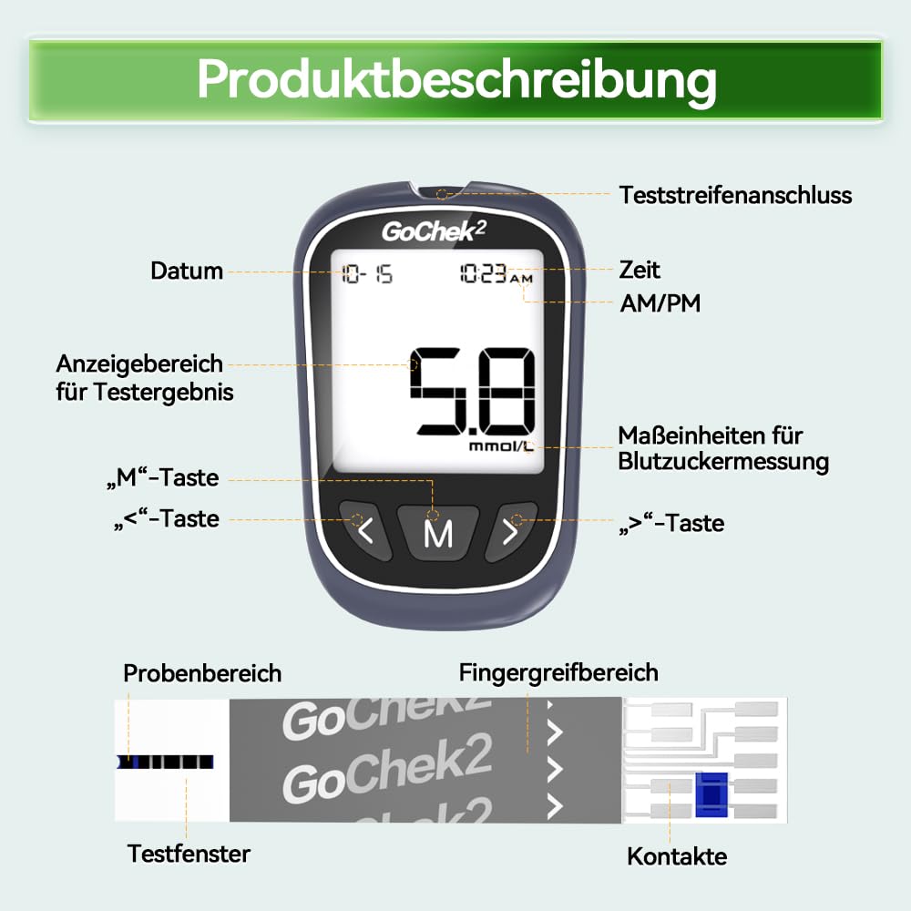 MicroTech Blutzuckermessgerät-Set mit 10 Teststreifen und Lanzetten, ohne Codierung, 500 Speicher, breiterer HKT für die Familie (mmol) – Bild 10