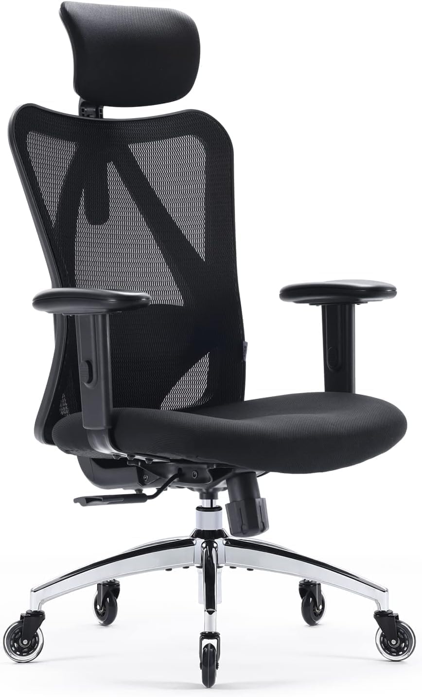 SIHOO Ergonomischer Schreibtischstuhl, Drehstuhl mit verstellbarer Lordosenstütze, Kopfstütze und Armlehne, Höhenverstellung und Wippfunktion, rückenschonender Bürostuhl, Belastbarkeit: bis 150 kg