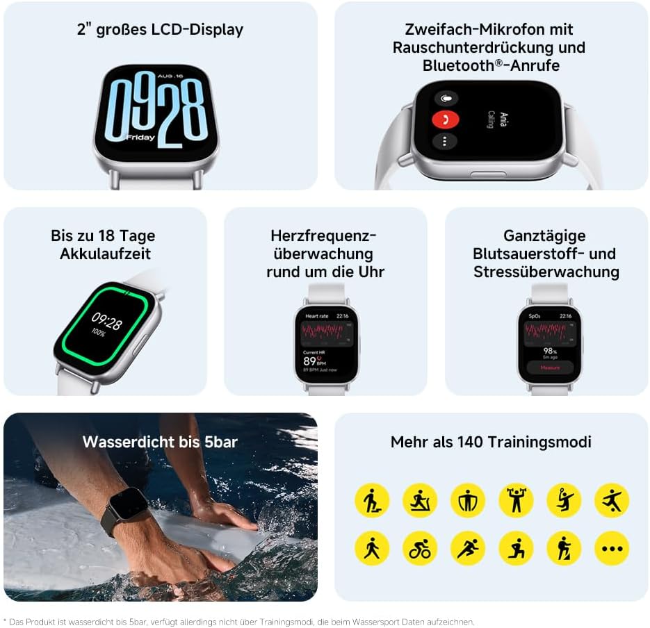 Xiaomi Redmi Watch 5 Active Smartwatch, 2,0-Zoll-LCD-Display, 18-Tage-Akku, 140+ Sportmodi, Herzfrequenz- und SPO₂-Tracking, 5ATM wasserdicht, Bluetooth-Anrufe, Fitness-Tracker, Schlafmonitor – Bild 2