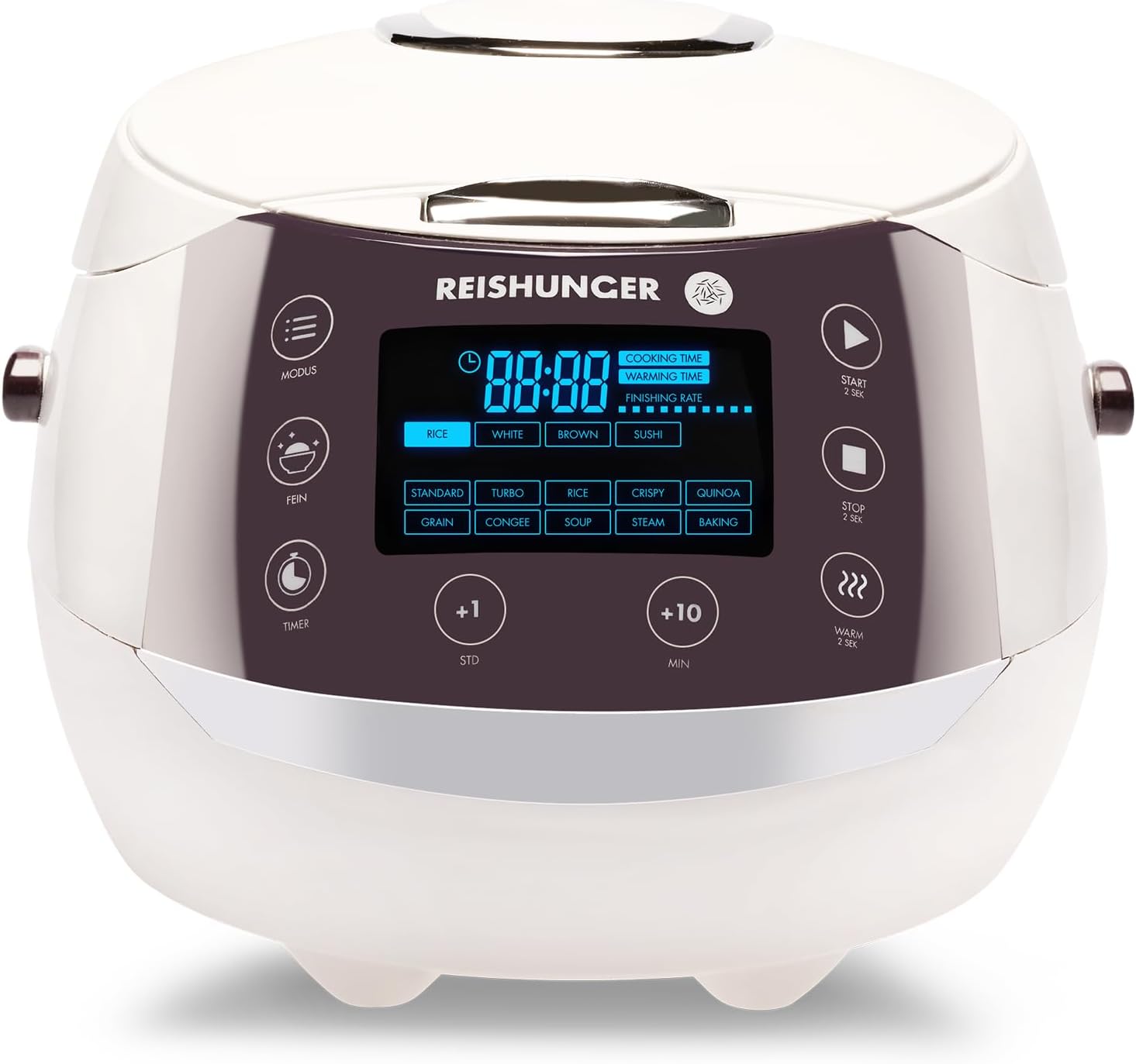 REISHUNGER Digitaler Reiskocher und Dampfgarer Weiß | 1,5 Liter für 8 Personen | Warmhaltefunktion, Timer und Premium-Innentopf | Multikocher, 12 Programme, 7-Phasen-Technologie