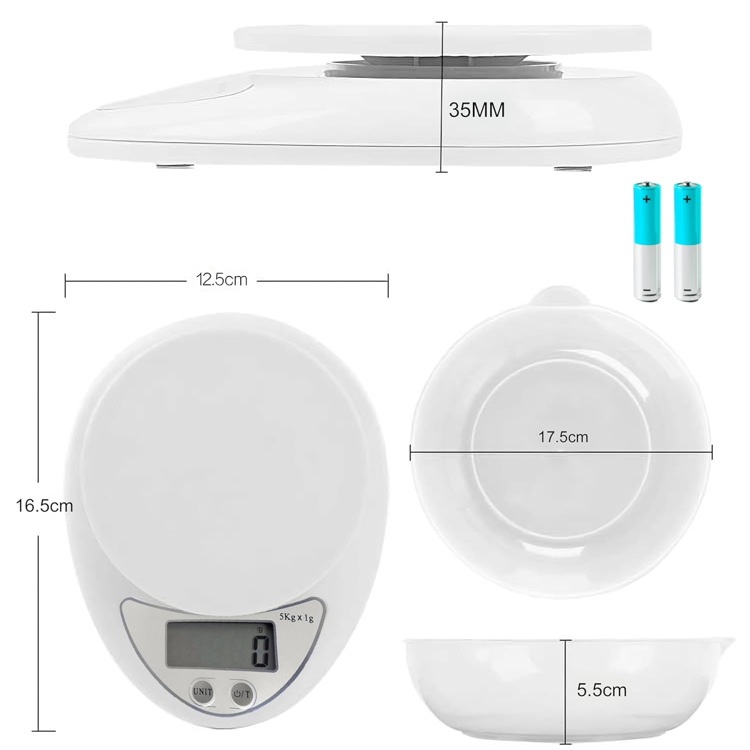 Retoo PT-860 Elektronische Küchenwaage mit Schüssel, 790 ml, Digitalwaage, 5 kg/11 lb, Waage, Küchen-Präzisionswaage, Tara-Funktion, LCD-Display, automatische Abschaltung, 11,3 x 5,3 x 17,5 cm, Silber – Bild 9
