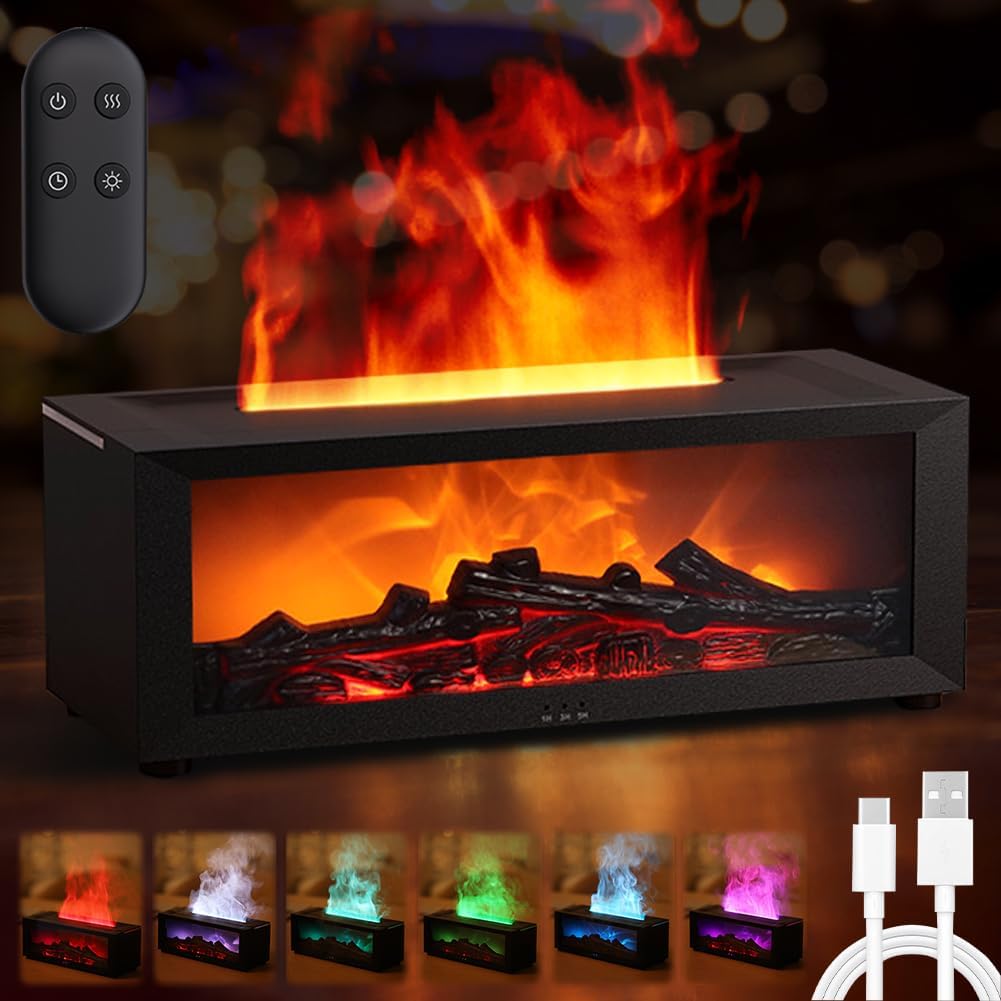 Flammen-Aroma-Diffusor, Diffusor für ätherische Öle mit 7-Farben-Licht, Luftbefeuchter, Flammenverteiler mit Fernbedienung, Duftöl-Diffusor mit Timer, wasserlose automatische Abschaltung für Zuhause, Büro, Yoga