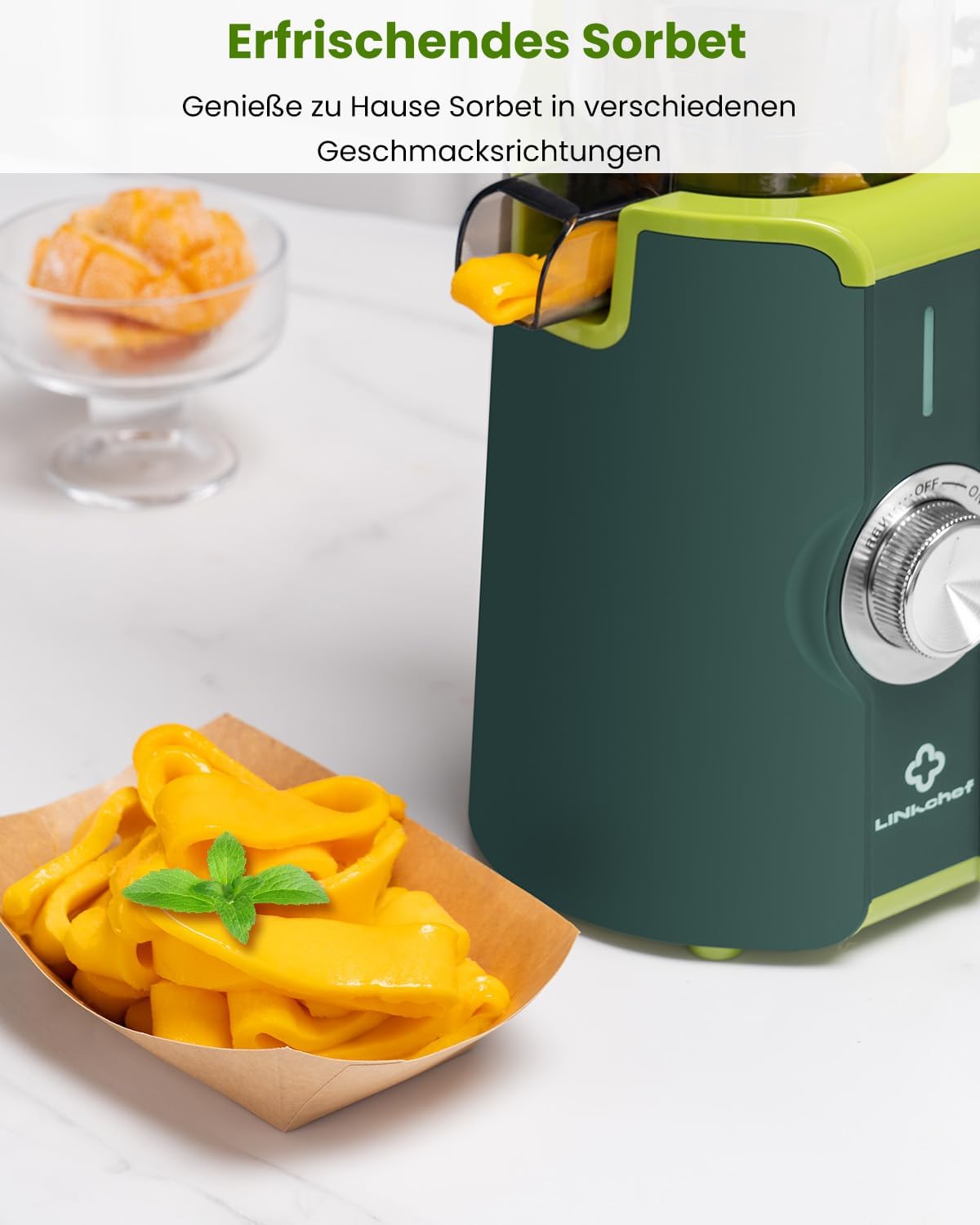 LINKChef Slow Juicer, Entsafter Gemüse und Obst, Testsieger mit 115 mm großem Entsafter, Kaltentsafter für ganze Früchte/Gemüse, Blitzreiniger, einfache Installation, BPA-frei, 200 W, Grün – Bild 10