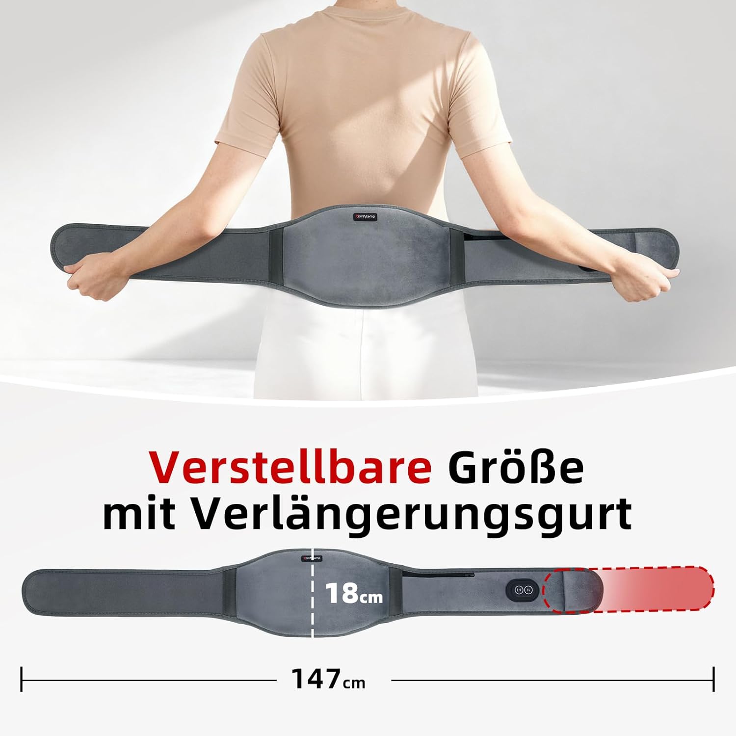 Comfytemp Wärmegürtel Vibrationsmassage für Rücken mit 25 Wh Akku, 147 x 18 cm kabelloses Massagegerät, Heizkissen, Wärmekissen, Rückenwärmer, Heizgürtel mit USB, Geschenke für Mütter, Frauen, Mama, Papa – Bild 6