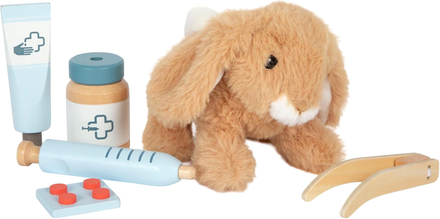 small Foot Tierarzttasche mit Hase, Spielset mit umfangreichem Holzzubehör, 24-teilig, mit Tragetasche und Plüschhase, für Kinder ab 3 Jahren, 12737 – Bild 4