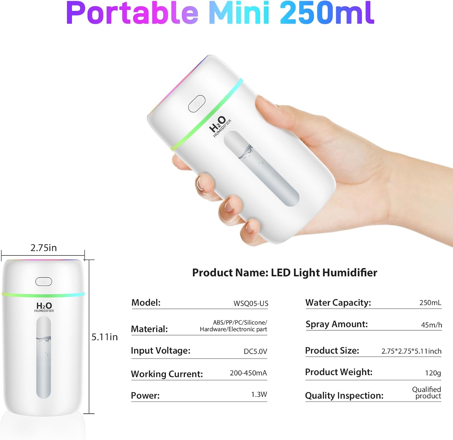 Kissleaf Luftbefeuchter, Mini-Schlafzimmer, mit Nachtlicht, Luft, 7-Farben-Licht, Füllung von oben, 2 Sprühmodi, leise, automatische Abschaltung, für Büro, Schlafzimmer, Kinderzimmer, Pflanzen, Weiß – Bild 6
