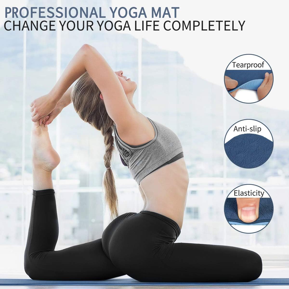 Covacure Matte für Yoga, Pilates, Gymnastik, Sport, Fitness, TPE, rutschfest, leicht, langlebig, mit Tragegurt, 183 x 66 x 0,6 cm, Blau – Bild 6