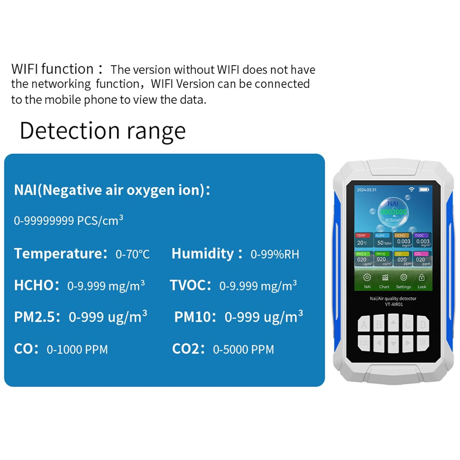FTVOGUE Luftqualitätsmonitor Tragbarer Lufttester Negative Ionenkonzentration Temperatur Luftfeuchtigkeit VOC PM2,5 PM10 CO CO2-Erkennung für Zuhause, Auto, Büro VT-AIR01 Schwarz – Bild 5