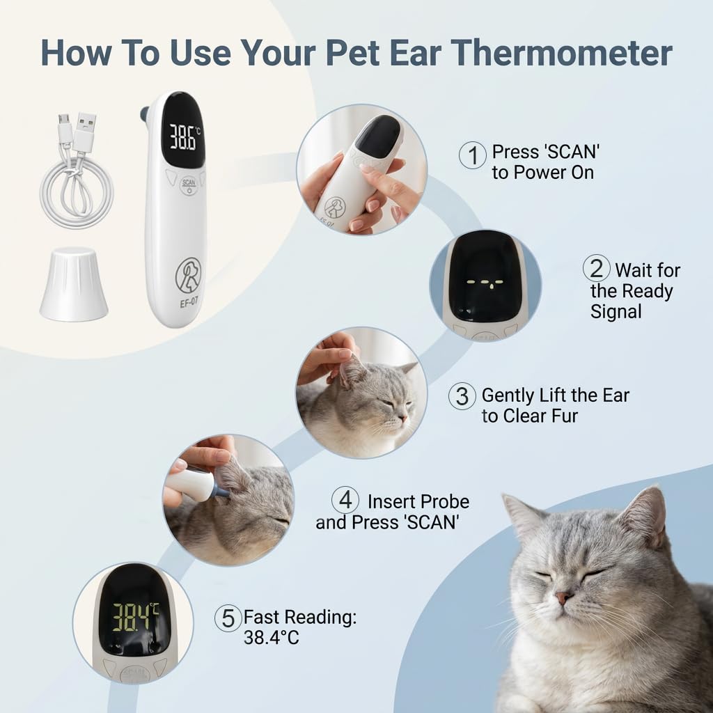 Ohrthermometer Hund und Katze, Digitales Fieberthermometer für Haustiere mit LED-Anzeige, Schnelle Fiebererkennung in Sekunden, Tragbares Thermometer Ohr für Welpen, Kühe und Schafe – Bild 3