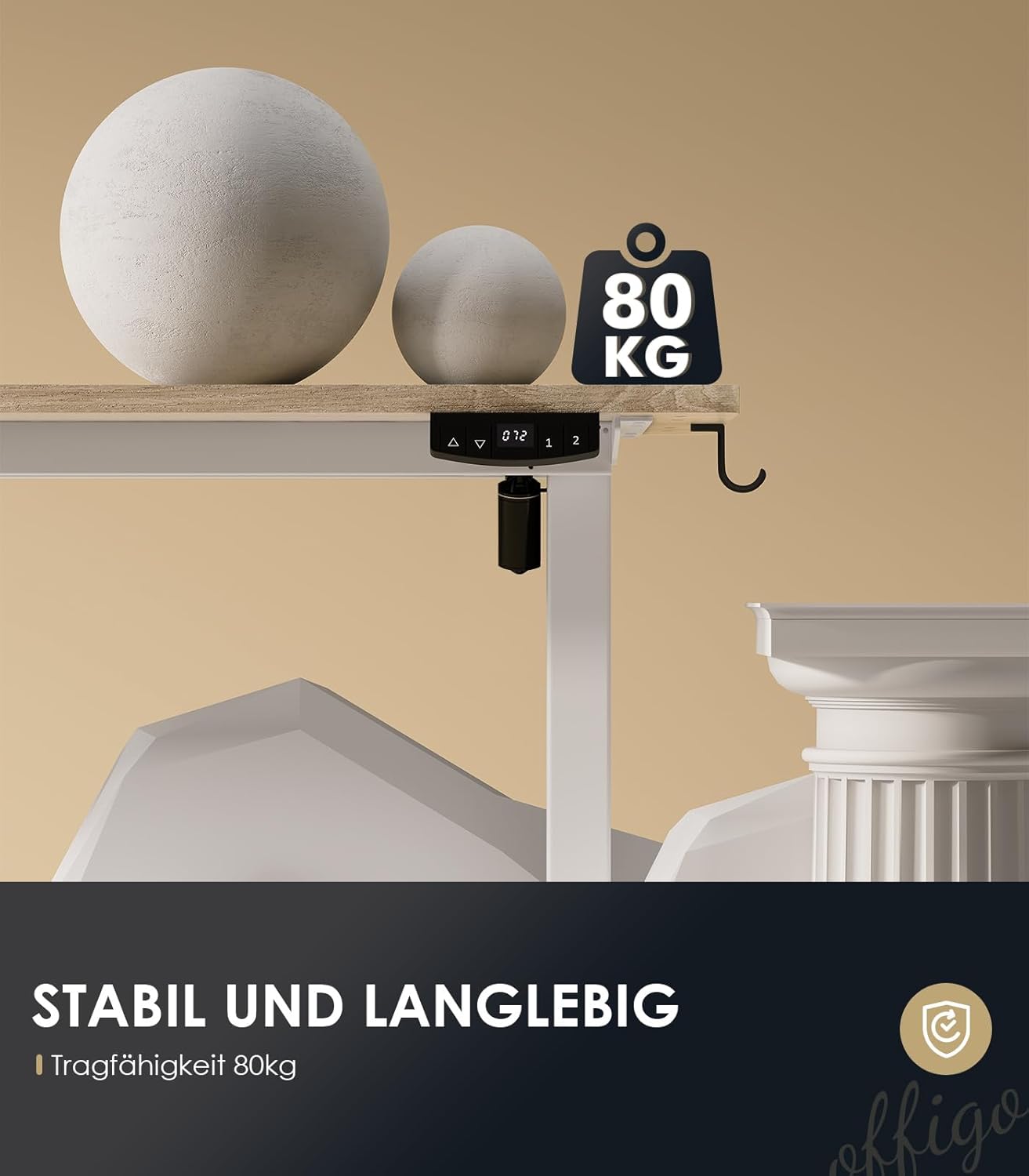 OffiGo höhenverstellbarer Schreibtisch, 200 x 80 cm, elektrischer Schreibtisch mit Steckdosen und USB-Ladeanschluss, Tisch höhenverstellbar mit 2 Memory-Funktionen, Computertisch für Büro, Zuhause, Beige – Bild 5