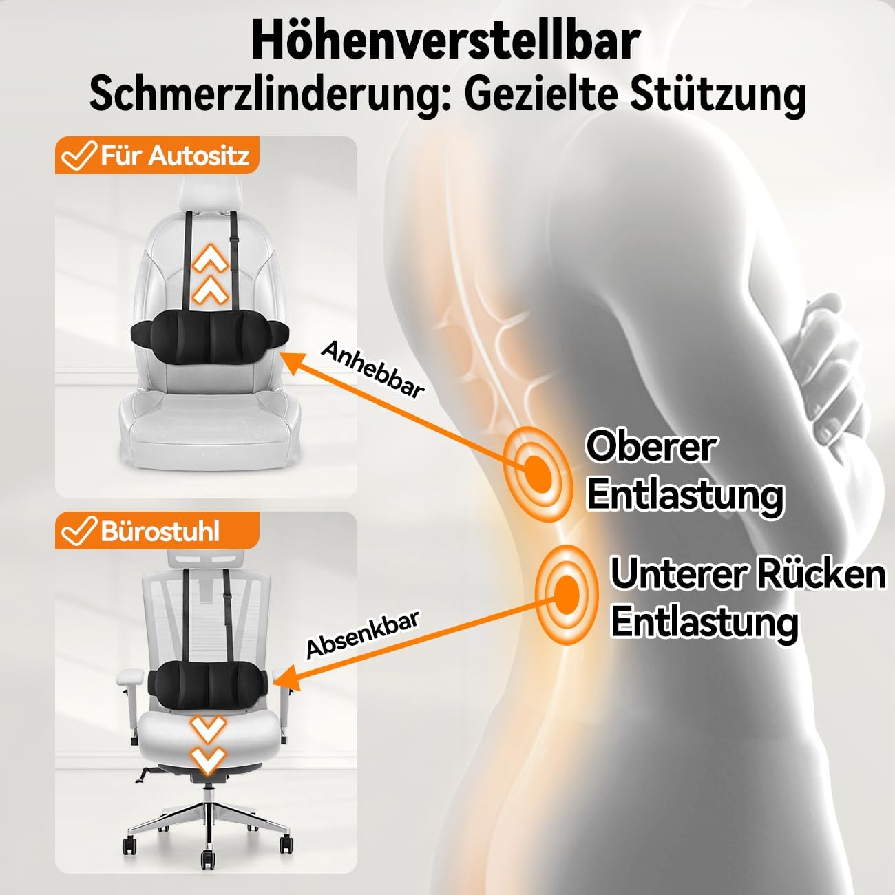 GGW Höhenverstellbares Lendenkissen Auto Ergonomische Lendenwirbelstütze mit Memory-Schaum, anatomisches Rückenkissen für Autositz/Bürostuhl, atmungsaktiver Sitzbezug (Grau) – Bild 3