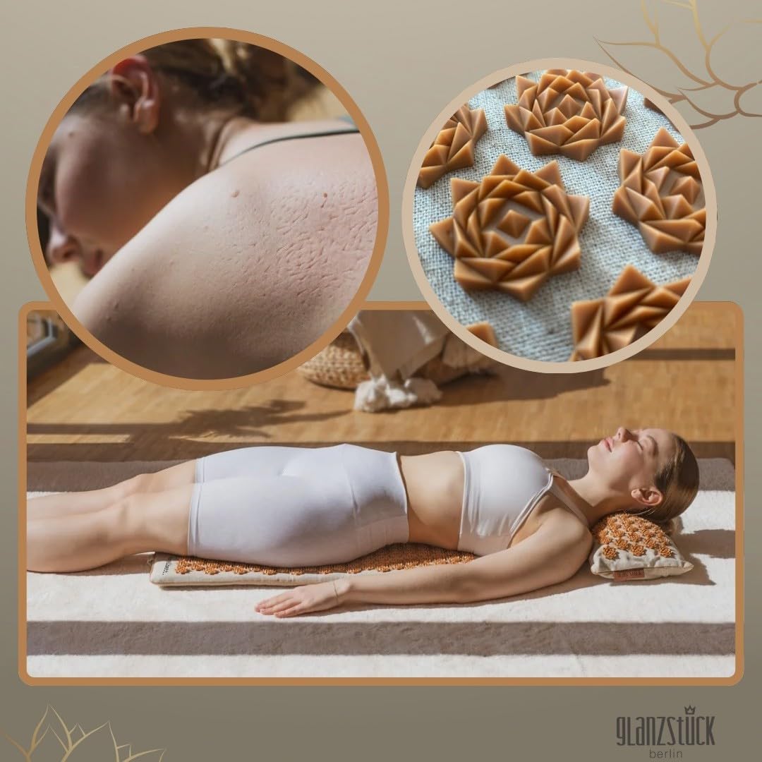 Glanzstück Berlin Health Collection: XL Akupressurmatten-Set Original aus Leinen, hilft bei Verspannungen, Rückenschmerzen, Massagematte mit Kissen (Wärmefunktion) und Tasche, nachhaltig – Bild 2