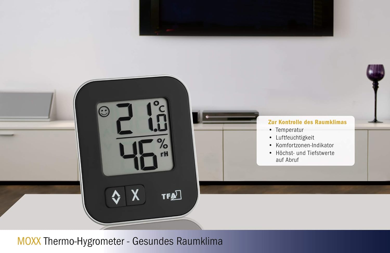 TFA Dostmann Moxx digitales Thermo-Hygrometer, 30.5026.01, zur Raumklimakontrolle, Überwachung der Luftfeuchtigkeit, klein und handlich, 1er-Pack, schwarz – Bild 3