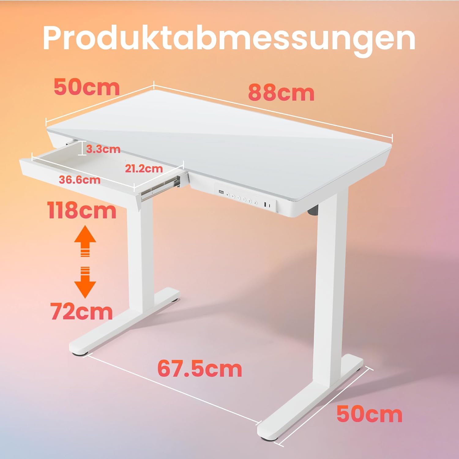HUANUO 88 x 50 cm höhenverstellbarer Schreibtisch aus Glas mit Schublade, höhenverstellbarer Schreibtisch, ganze Tischplatte, USB-Ladeanschluss und 3 Speicherfunktionen, Weiß – Bild 10